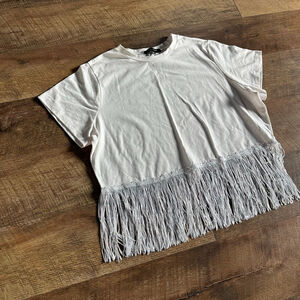 Women's On 12th White Short Sleeve Tee with Silver Fringe, Size M